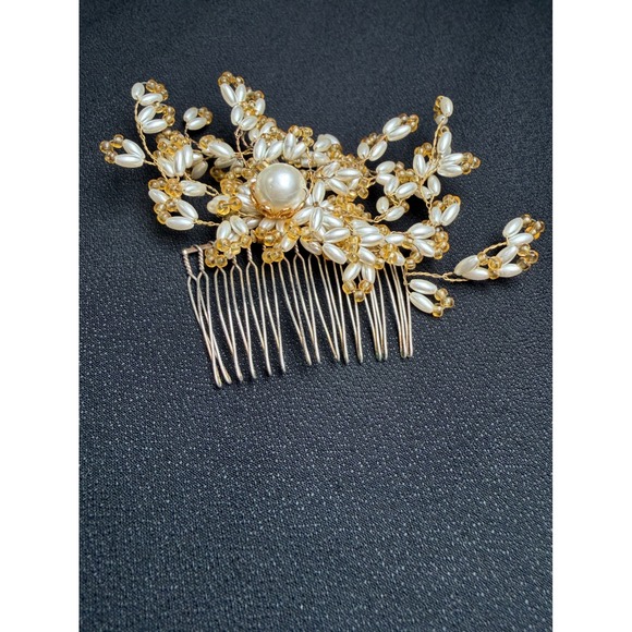 Unbranded Accessories - Vintage Pearl and Amber Bead Floral Metal Hair Comb Bridal Wedding Accessory